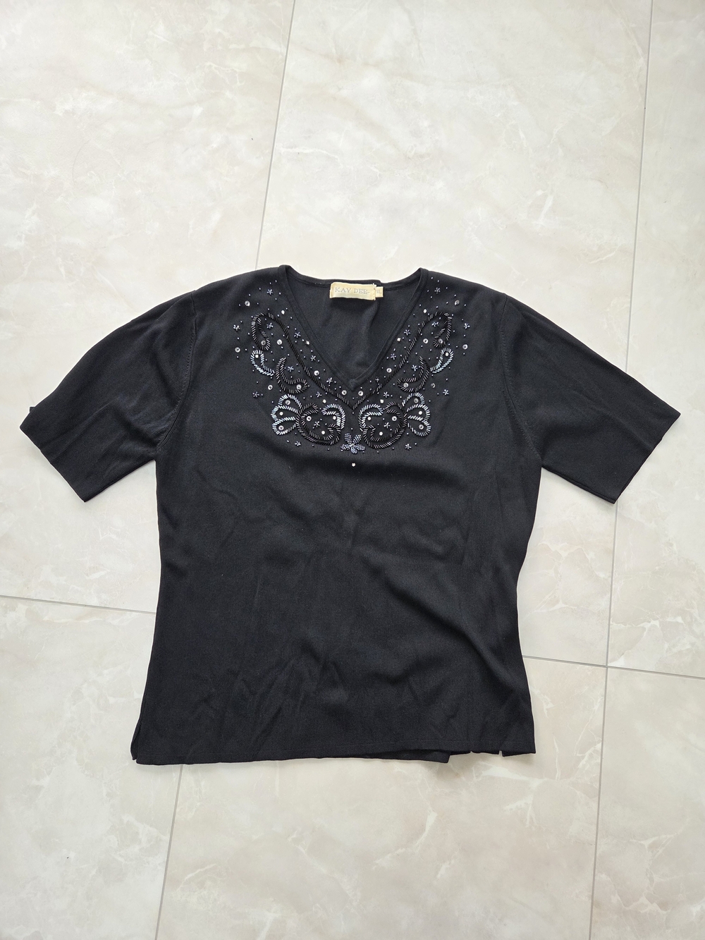 Black Embellished V-Neck Women’s Top